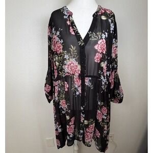 Torrid Hi Low Hem Sheer Tunic Dress Overlay Black Red Floral Buttons Boho Sz 4x